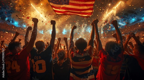 Fans with American symbols and the US flag at the stadium celebrate the victory. Emotions of victory. Crowd of people celebrating Independence Day, Football fans, Olympic Games. Sports competitions.