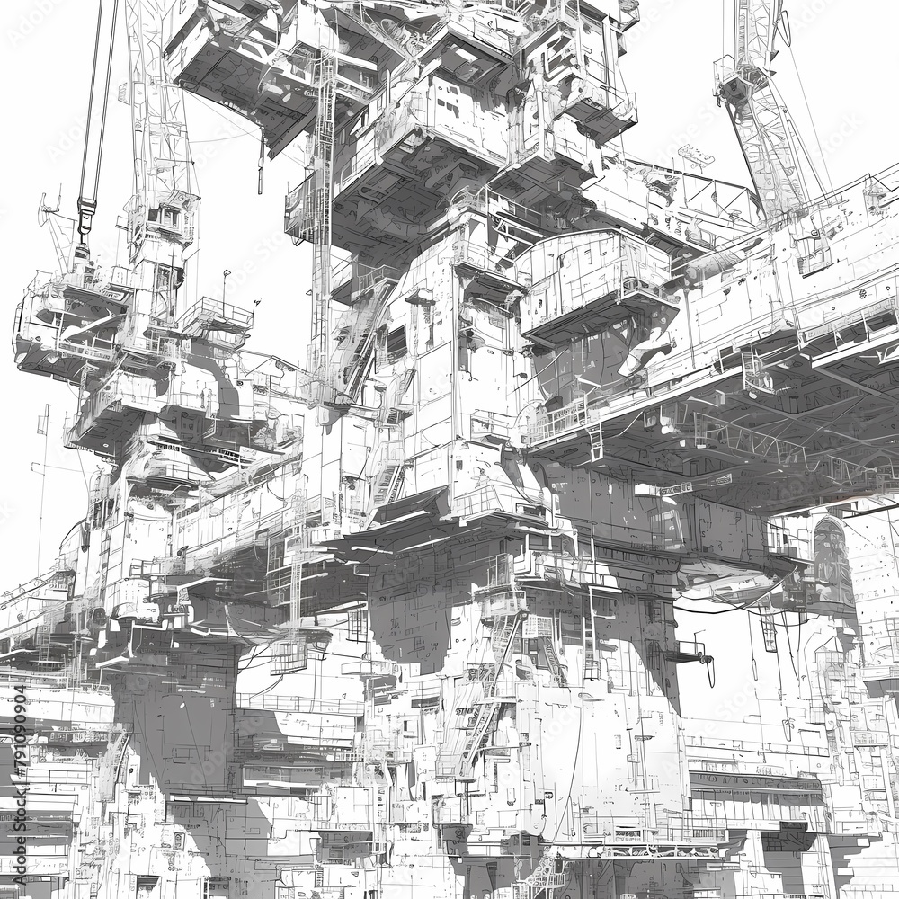 Emerging Strength: An Architectural Marvel Unfolds in this Exquisite Line Sketch Rendition of a Huge Industrial Crane
