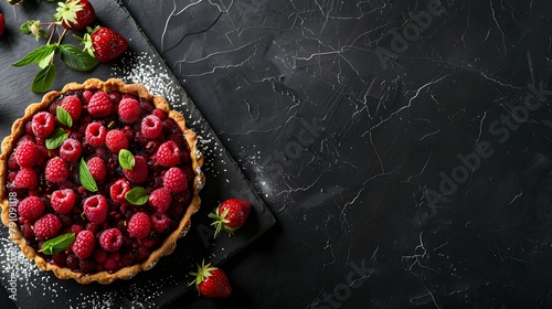 Wooden cake board with homemade raspberry-blackberry and strawberry tart on dark stone table isolated on black background with copy space photo