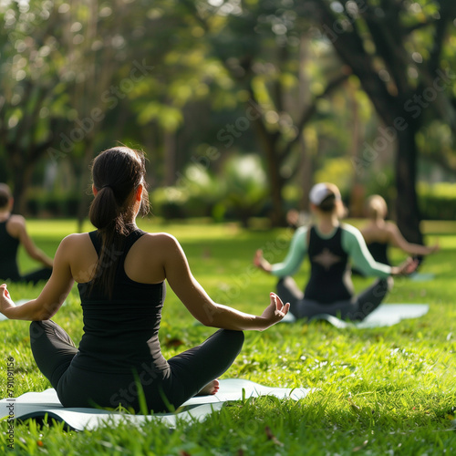 A yoga class practicing poses on green grass in a tranquil park setting photo