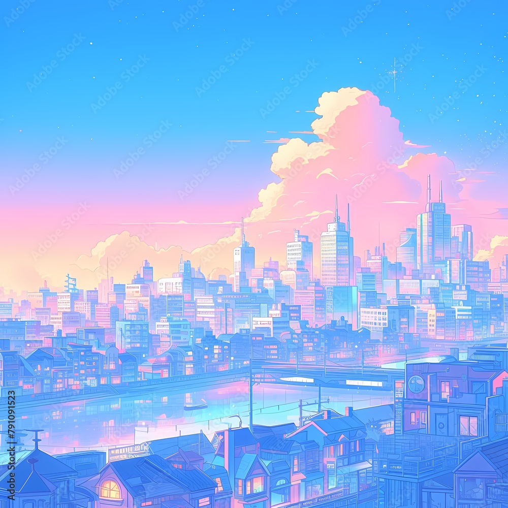 Vibrant Urban Skyline Illustration with Sunlight Reflection and Clouds