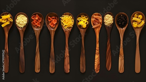Various kinds of pasta in wooden spoons.