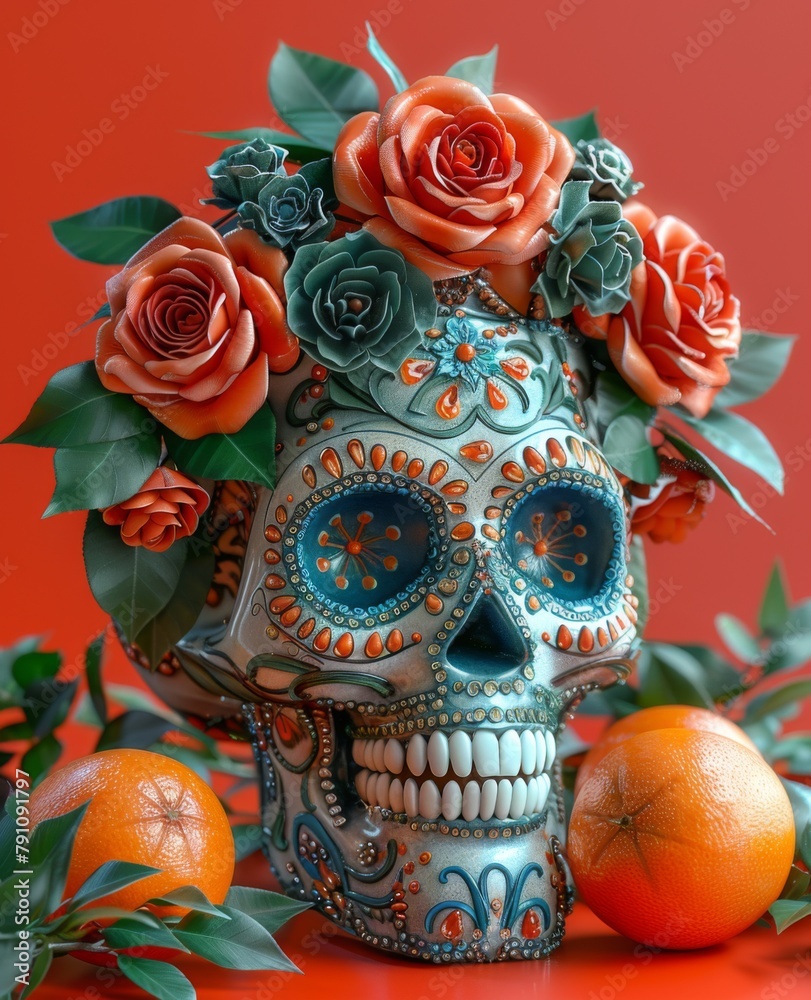 mexican skull with flowers and roses.