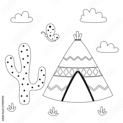 outline flat illustration with wigwam