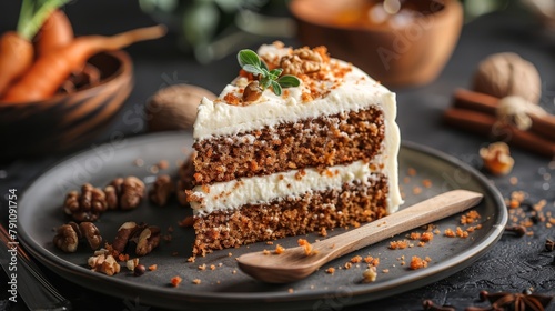   A carrot cake slice rests atop a plate Nearby, a wooden spoon and a bowl of nuts await © Igor