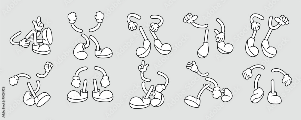 Set of 70s groovy comic leg and hand vector. Collection of cartoon character, leg, hand in different emotions happy, angry, sad, cheerful. Cute retro groovy hippie illustration for decorative, sticker