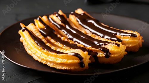 Traditional Mexican dessert churros with chocolate sauce. Dark background photo