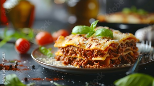 traditional italian lasagna with minced beef bolognese sauce