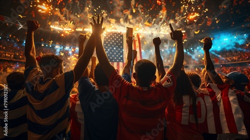 Fans with American symbols and the US flag at the stadium celebrate the victory. Emotions of victory. Crowd of people celebrating Independence Day, Football fans, Olympic Games. Sports competitions.