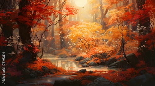 Autumn forest landscape with river and colorful leaves. Panoramic view.