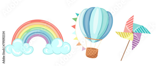 Baby shower items set with air hot balloon, colorful rainbow, blower toy isolated on white