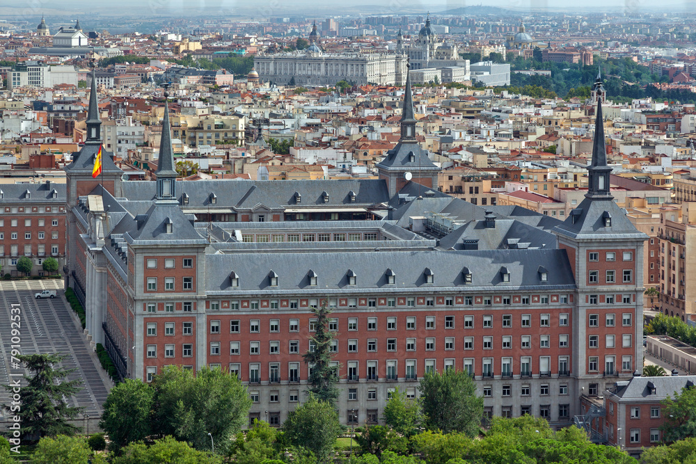Panoramic hi-res view of Madrid, capital of Spain, with the General Headquarters of the Air and Space Force of Spain, and the Royal Palace at the back