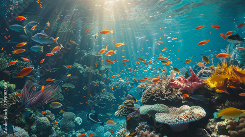 A beautiful underwater scene with a variety of fish and coral