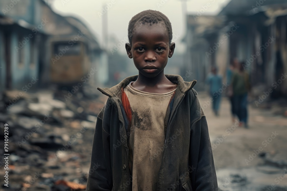 A poor African child stands dirty and hungry in the slums. Concept of hunger and injustice in the world. A poor African child stands dirty and hungry in the slums. Concept of hunger and injustice in the world.