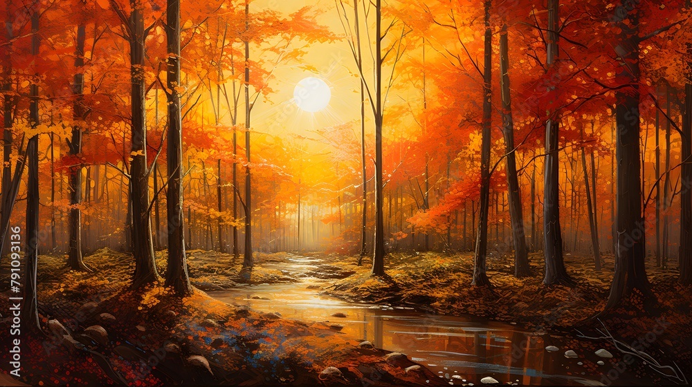 Autumn forest landscape with river and colorful trees. Panoramic view