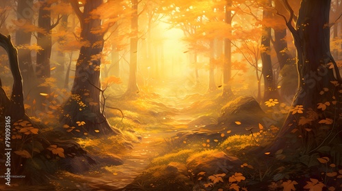 Autumn forest with fog in the morning  3d render illustration