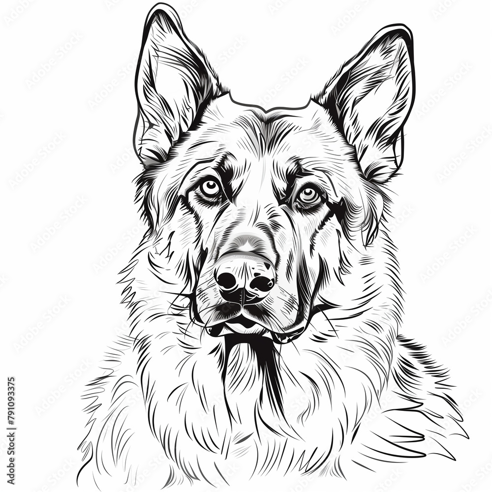 beautiful portrait of a german shepherd, isolated on a white background, simple line drawing. Beautiful portrait of an adult German shepherd. Hand drawing of a dog. beautiful portrait of a german shepherd, isolated on a white background, simple line drawing. Beautiful portrait of an adult German shepherd. Hand drawing of a dog.