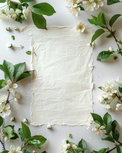 Splendidi fiori di ciliegio bianchi incorniciano un biglietto vuoto su uno sfondo bianco immacolato, perfetto per creazioni ispirate alla primavera. photo
