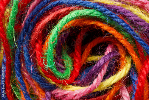 Close-up of different colored threads.