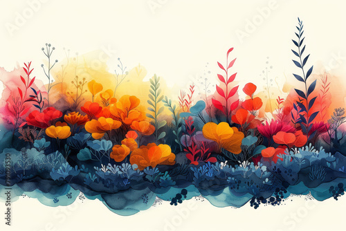 a marine chronicle, combining abstract shapes and marine elements to evoke the changing seasons and weather conditions underwater