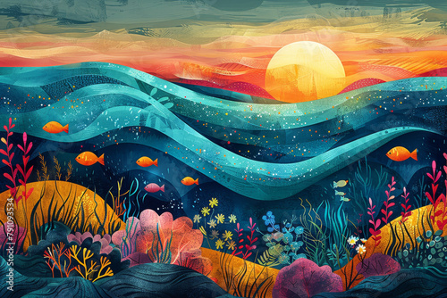 a marine chronicle, combining abstract shapes and marine elements to evoke the changing seasons and weather conditions underwater