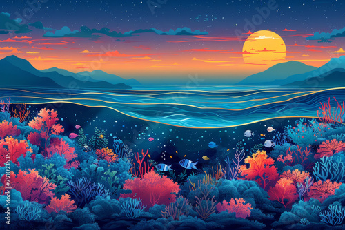 a marine chronicle, combining abstract shapes and marine elements to evoke the changing seasons and weather conditions underwater
