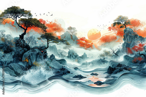 a marine chronicle, combining abstract shapes and marine elements to evoke the changing seasons and weather conditions underwater