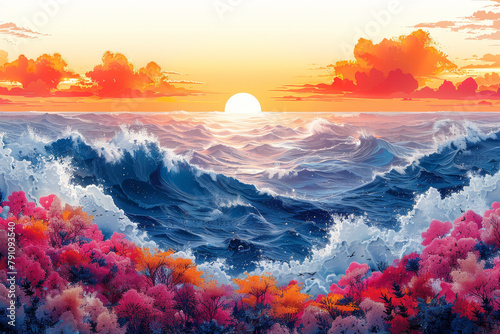 a marine chronicle, combining abstract shapes and marine elements to evoke the changing seasons and weather conditions underwater