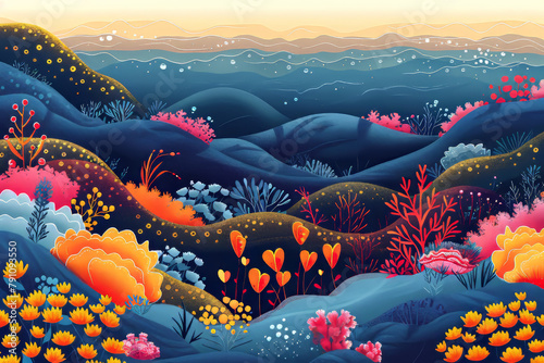 a marine chronicle, combining abstract shapes and marine elements to evoke the changing seasons and weather conditions underwater