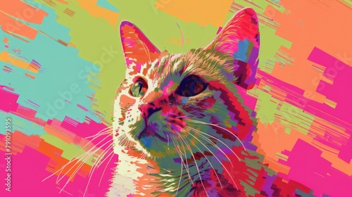 A vibrant  abstract-colored portrait of a cat