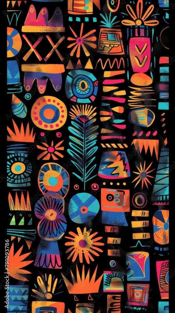 This is a vibrant, abstract artwork with a variety of colorful patterns and shapes