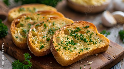 Slices of tasty garlic bread with herbs on table