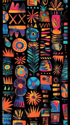 This is a vibrant  abstract artwork with a variety of colorful patterns and shapes