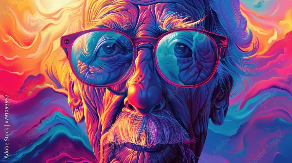 A vibrant, psychedelic portrait of a bespectacled, elderly person