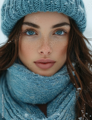 close - up portrait of young beautiful woman in warm hat and blue scarf.
