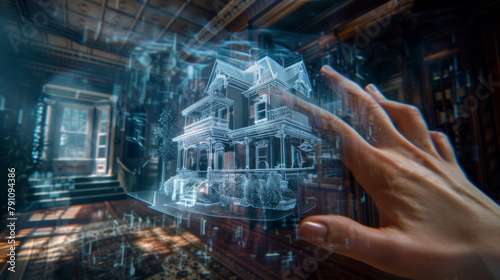 A hand is pointing at a house in a virtual reality simulation