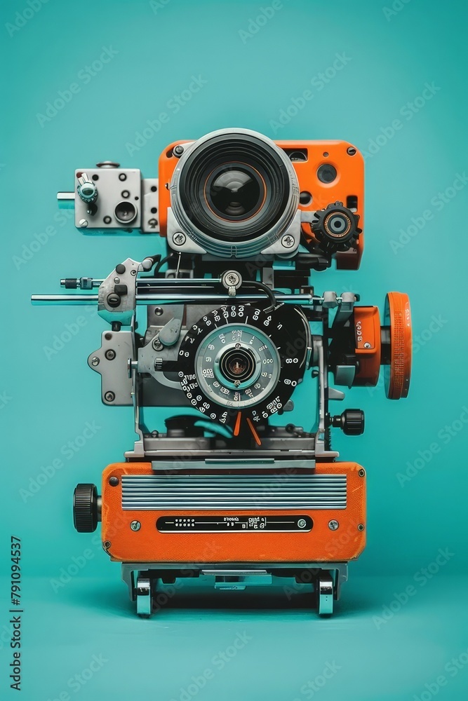 A unique vintage camera robot with an industrial design stands against a vibrant blue backdrop. This retro-futuristic concept combines analog machinery with robotic elements, symbolizing the evolution