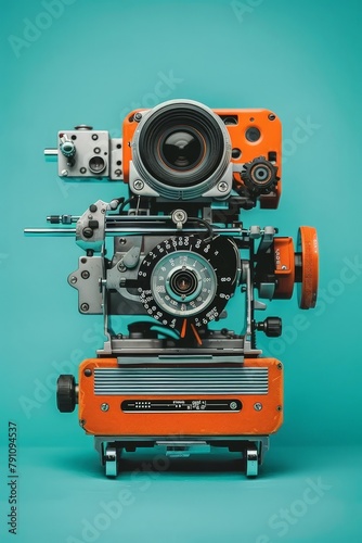 A unique vintage camera robot with an industrial design stands against a vibrant blue backdrop. This retro-futuristic concept combines analog machinery with robotic elements, symbolizing the evolution