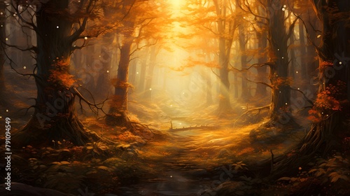 Panoramic view of a mystical forest at sunset. Mighty trees, fog, golden sunlight. Atmospheric autumn landscape. Nature, environmental conservation, ecology, fantasy, fairytale