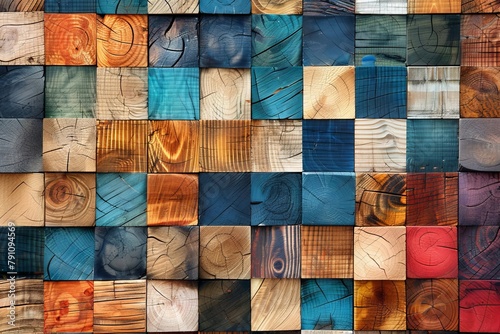 Abstract vibrant wood veneer mosaic tiles with colorful scaled texture background for design
