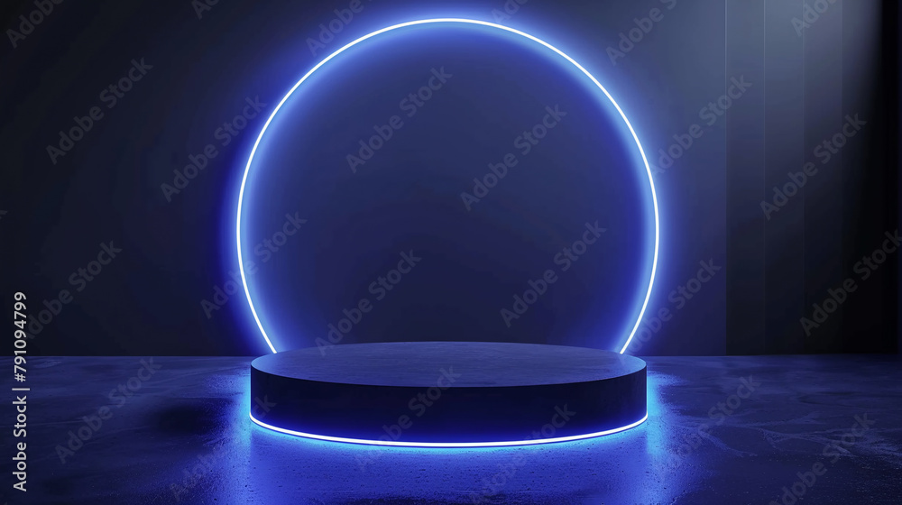 Empty blue podium floating in the air with blue neon ring on background. AI.