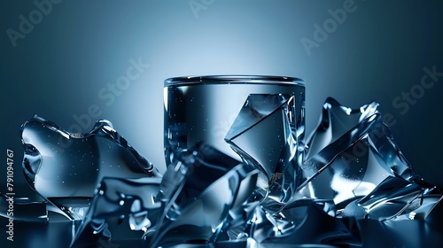 High-End Luxury: Reflective Blue Composition with Transparent Ice-like Forms