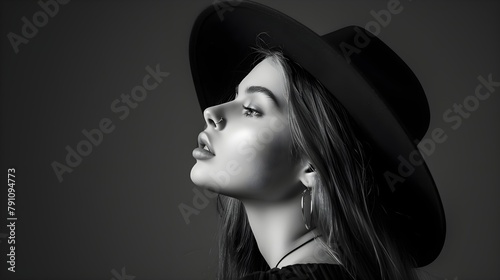 Portrait of beautiful girl in hat in profile, posing in studio, black and white photography photo