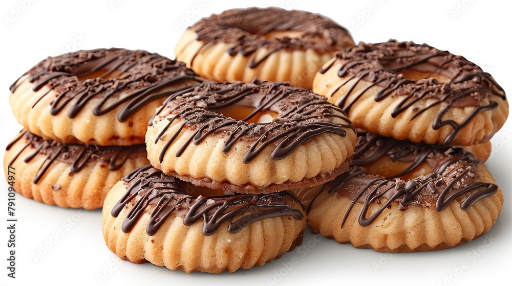   A stack of doughnuts, chromed with chocolate drizzle atop each