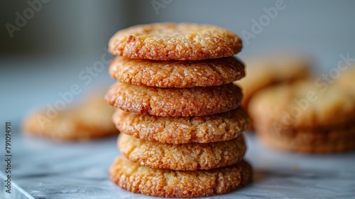  A stack of sugar cookies atop a pristine white counter, adjacent to a mound of doughnuts