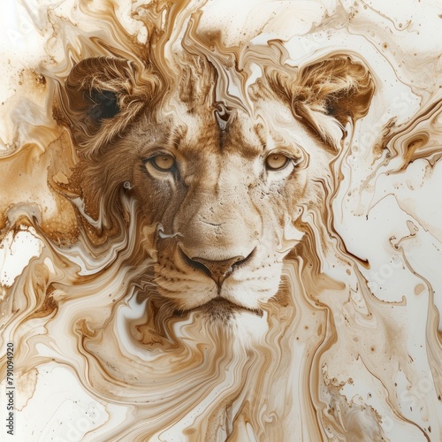 Screensaver with lion, coffee with milk, coffee art.