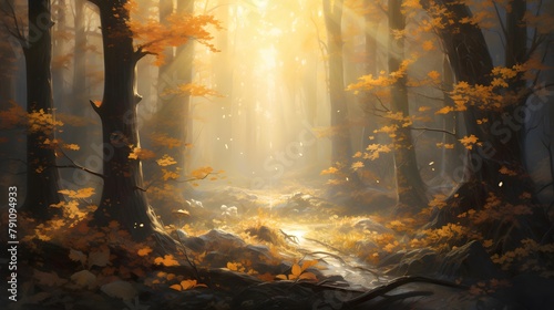 Autumn forest with fog and yellow leaves. Panoramic image
