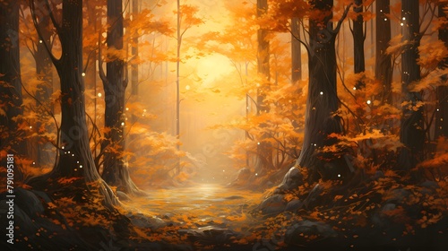 Autumn forest landscape with fog and sun. Panoramic image