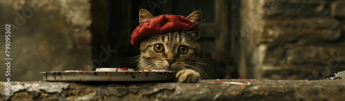 A domestic cat wearing a red hat is seen eating food from a bowl placed on the floor photo