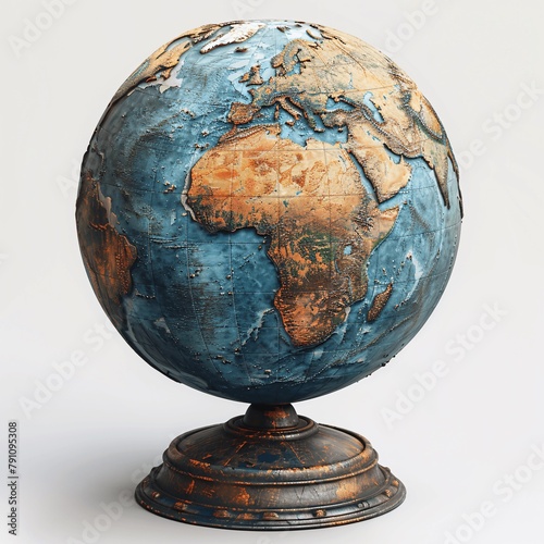 Realistic texture with highlighted continents, rotating on a sleek stand, emphasizing global connectivity and trade in the business world.